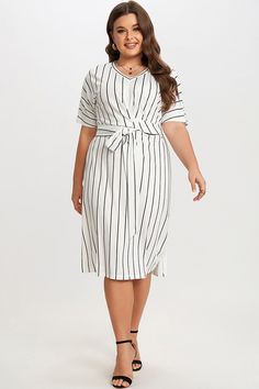 Black & White Stripe V neck Wrap Around Dress Spring Split Neck Dress For Work, Elegant Black Split Neck Dress, White Casual Midi Dress With Surplice Neckline, Casual White Midi Dress With Surplice Neckline, Summer Split Neck Dresses For Workwear, Elegant Split Neck Dresses For Day Out, Wrap Around Dress, Black White Pattern, Wrap Midi Dress