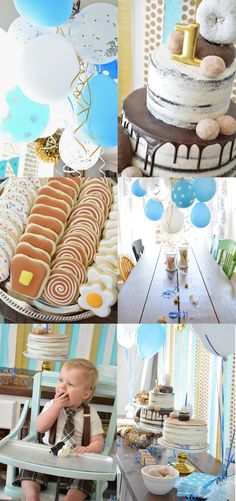 a baby in a highchair with balloons and desserts