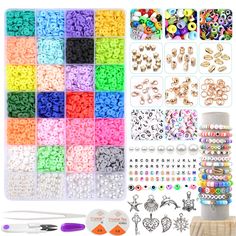 various beads and accessories are shown in this image, including the beading kit for making bracelets