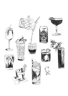 a black and white drawing of different types of drinks