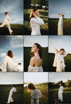 a woman in white clothes is posing for pictures with her hands on her head and arms behind her back