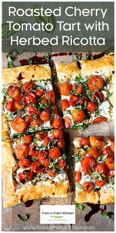 roasted cherry tomato tart with herbed ricotta on a cutting board and text overlay