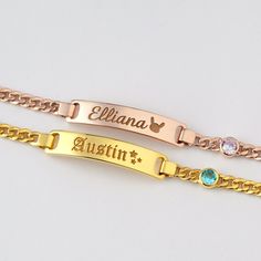 "Our sterling silver baby bracelet is the perfect gift for the little star in your life. These kids bracelets can be personalized with the child's name and date to create a bespoke gift. Make it more unique by adding your kid's birthstone. ► BABY NAME BRACELET WITH BIRTHSTONE * The plate charm measures approx. 1 1/4\" (32mm) in length and 1/4\" (6.5mm) in width * Word limits: up to 8 characters for best visibility. * Age group bracelet size recommendation: DISCLAIMER: Every baby is different. Th Cute Silver Name Bracelet For Gift, Cute Silver Name Bracelet Gift, Silver Name Bracelet Cute Gift, Cute Silver Name Bracelet, Customizable Rose Gold Bracelets For Birthday, Customizable Rose Gold Bracelets For Birthdays, Personalized Stainless Steel Name Bracelet For Birthday, Personalized Rose Gold Charm Bracelet For Birthday, Personalized Stainless Steel Bracelets For Birthdays