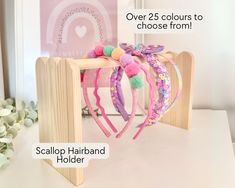 This handmade scalloped hairband holder is the perfect accessory for any girls room. It stores, organises and displays all those pesky hairbands that clutter up dressing tables everywhere! A beautifully hand crafted hairband holder made from sustainably sourced hand selected pinewood, and hand painted or waxed in your colour choice. The holder can be as personalised as you wish! Please message us with any personalisation you require. We have a Hairband and scrunchie holder set available https:// Hairband Storage, Hairband Holder, Scrunchie Holder, Headband Holder, Dressing Tables, Permanent Vinyl, Girls Room, Hair Accessories Headbands, Girl's Room