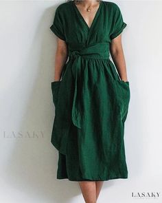 Lasaky - Premium V-Neck Short-Sleeve Dress with Pocket, Crafted in Cotton Linen, Solid Color Hemp Dress, Shirt Dress Summer, Cotton Linen Dresses, Estilo Chic, Solid Color Dress, Necklines For Dresses, Vestido Casual, Kimono Dress, Aaliyah