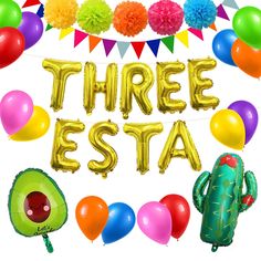 there are balloons, tassels, and other items in front of the words three esta