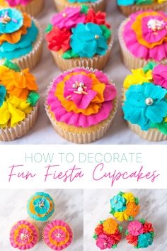 cupcakes decorated with colorful flowers and icing