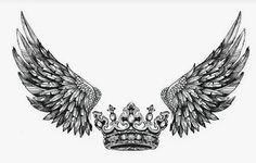 a black and white drawing of a crown with wings