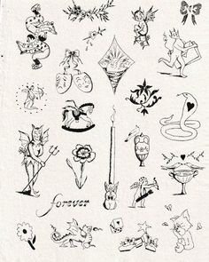 an old school tattoo design is shown in black and white, with many different designs on it