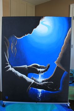 a painting of two hands reaching out to each other with water dripping from their palms