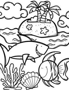 an ocean scene with fish, shells and palm trees in black and white coloring book page