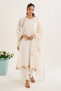 Ivory kurta featuring sequin hand embellished motifs on the shoulder. Paired with a co-ordinating pant and dupatta. - Aza Fashions Traditional Cream Hand-embellished Sets, Traditional Hand Embellished Cream Sets, White Hand-embellished Dupatta For Eid, White Hand Embellished Dupatta For Eid, Hand Embellished White Dupatta For Eid, Hand Embellished White Anarkali Dupatta, White Anarkali Set Hand Embellished, Hand Embellished Semi-stitched Kurta, Traditional White Hand Embellished Dupatta