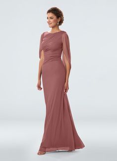 a woman in a long dress with an open back and sleeves on the shoulders, wearing a