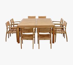 a wooden table and chairs set up on a white background with no people around it