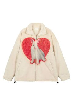 Bunny & Heart Fleece Jacket, zip up jacket, cozy oversized jacket, warm jacket, soft girl clothes, This cozy fleece jacket features a playful bunny graphic nestled in a red heart, complete with a soft fleece texture and zippered front