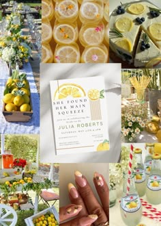 a collage of photos with lemons, flowers and other things to do on the table