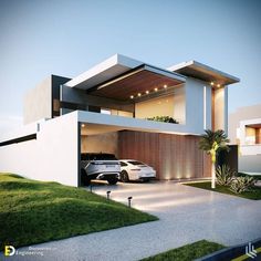 a car is parked in front of a modern house