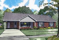 this is an artist's rendering of the front elevation of these ranch house plans