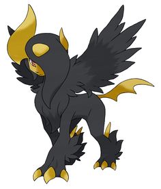 an image of a black and yellow pokemon character with large, sharp wings on it's back legs