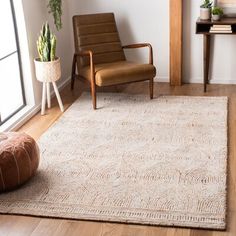 a living room area with a chair, rug and potted plant on the floor