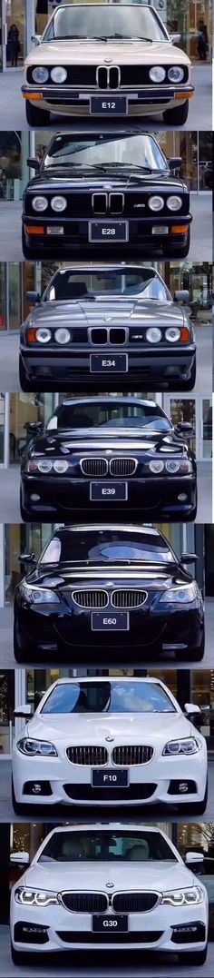 the front and rear view of several bmw cars in different angles, all with their hoods open