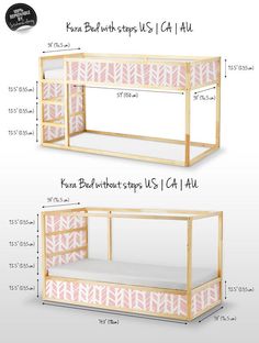 three different types of bunk beds with green plants on the top and bottom, along with measurements for each bed