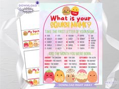 what is your squish name? printable game