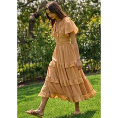 forty romantic ruffle dress in apricot midi length Vacation Looks, Midi Ruffle Dress, Ruffled Sleeves, Women Clothing Boutique, Boutique Clothing, Dress Collection, Cute Dresses, Latest Fashion Trends, Trendy Outfits