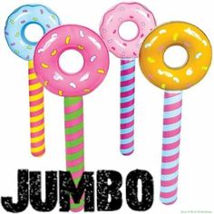 three donuts and two candy canes with the word jumbo written below them