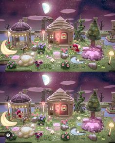 two screens showing the same scene as they appear to be in an animated environment with trees, bushes and houses