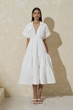 Point collar Deep V neckline Tiered skirt Calf length Unlined Tiered Shirt Dress, Tiered Linen Dress, Tiered Skirt Outfit, Tiered Dress Casual, Calf Length Dresses, Tiered Dress Pattern, Back Detail Dress, Midi Linen Dress, Linen Dresses Summer