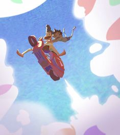 two people riding on the back of a motorcycle in front of a blue sky with clouds