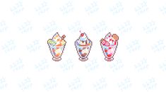 three ice cream sundaes are shown in pixel art style on a white background