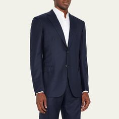 Brioni suit in mouliné twill Notched lapels; two-button front Chest welt pocket  Hip flap pockets Unfinished sleeves Double-vented back Flat-front trousers Straight legs Virgin wool Made in Italy Brioni Men, Wool Suit, Bergdorf Goodman, Welt Pocket, Tops Designs, Straight Leg, In Italy, Trousers, Italy