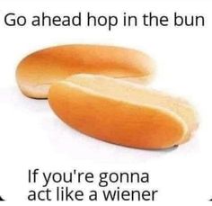 two hotdogs sitting next to each other on top of a white background with the words go ahead hop in the bun if you're gone, act like wiener