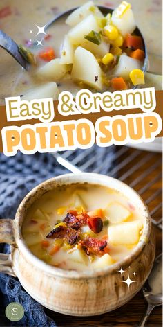 close up of scooped soup and soup in mug Potato Corn Soup, Easy Creamy Potato Soup, Dairy Free Potato Soup, Cleverly Simple, Delicious Breakfast Casserole