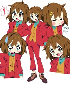 an anime character with different facial expressions and hair, wearing a red suit while standing next to another character