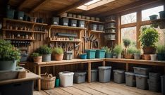 a room filled with lots of potted plants and gardening implements on shelves next to windows