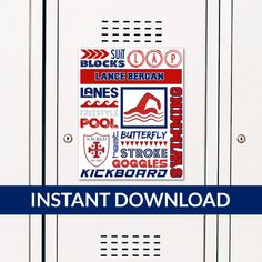 a locker with stickers on it and the words instant download written in red, white and blue