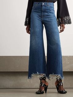 CHLOÉ Cropped distressed high-rise wide-leg jeans | NET-A-PORTER Chloe Clothing, High Rise Wide Leg Jeans, Cropped Wide Leg Jeans, Jeans Jumpsuit, Ski Wear, Beach Dresses, Dark Denim, Jeans Dress, Floral Maxi Dress