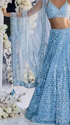 Powder Blue Lengha, Diy Choli, Mirror Lehenga Designs, Blue Mirror Work Lehenga, Pastel Blue Lehenga, Blue Indian Outfit, Lehenga Photoshoot, Powder Blue Lehenga, Blue Indian Dress