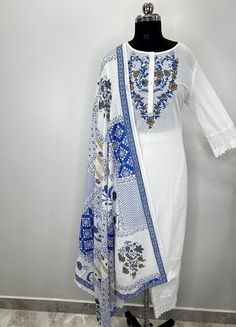 Pure Cotton White & Blue Embroidered Straight Kurta with Trousers & Dupatta For Party /Festive / Wedding For Women Pakistani Salwar Kameez / Indian Wedding Dress / Plus Size Cotton Dress Traditional Indian Wear / Salwar Kameez Dupatta / Kurti Palazzo Set The set contains: 1 Kurta 1 Trousers 1 Dupatta Kurta: The  white and blue straight Kurta has a round neck design with embroidered details. The Kurta measures calf length and has straight hemline. Sleeve length :  3/4 Sleeves Palazzo : Solid has White Cotton Dupatta With Floral Embroidery, Blue Cotton Dupatta With Floral Embroidery, White Cotton Traditional Wear With Embroidered Border, White Embroidered Summer Traditional Wear, Summer Embroidered White Traditional Wear, White Traditional Wear With Printed Motifs For Spring, Summer Blue Dupatta With Floral Embroidery, Summer White Dupatta With Printed Motifs, Blue Floral Embroidered Dupatta For Summer