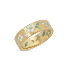 This luxurious Dogwood Band features a branch of dogwood flowers and leaves, symbolizing resilience and rebirth. Diamonds, hand-engraved branches, and delicate white/green enamel flowers encircle the ring in an ever-changing composition, gracefully growing around your finger. It's simple silhouette stacks beautifully w Upscale Fashion, Dogwood Flowers, Vitreous Enamel, Simple Silhouette, Jewelry Lookbook, Enamel Ring, Ring Pendant Necklace, Enamel Flower, Green Enamel