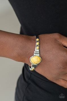 Dotted in dainty yellow stones, a dainty silver cuff attaches to an asymmetrical yellow stone centerpiece for an earthy flair. Bracelets Trendy, Yellow Bracelet, Spirit Guide, Bracelet Online, Yellow Stone, Paparazzi Accessories, Affordable Jewelry, Paparazzi Jewelry, Spirit Guides