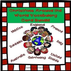 a christmas around the world word wall with words and pictures on it, including an image of