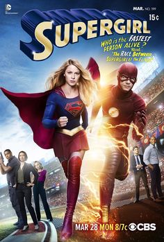 the poster for supergirl and the flash in front of a stadium full of people