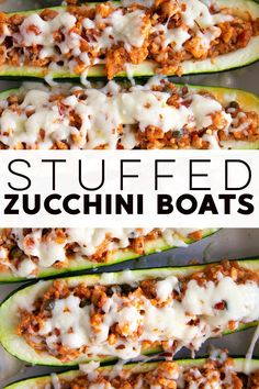 stuffed zucchini boats with cheese and meat in them are ready to be eaten