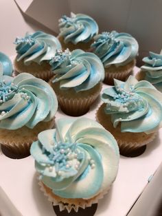 cupcakes with blue frosting in a box