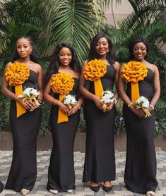 the bridesmaids are all wearing black dresses with yellow sashs and bouquets