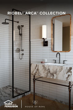 a bathroom with marble counter tops and walls